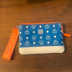 MCM Blue and White Pouch with Orange Strap